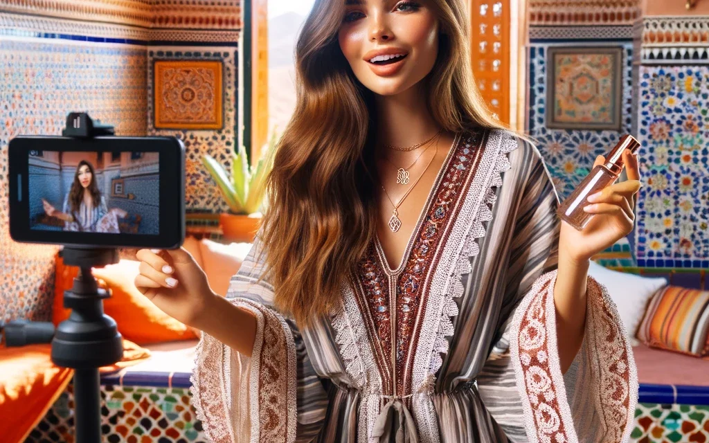 https://www.azynius.com/estishee/2024/05/DALL·E-2024-05-14-11.31.54-A-Moroccan-female-influencer-with-long-hair-dressed-in-a-stylish-modern-caftan-with-Moroccan-inspired-elements-such-as-embroidery.-She-is-filming-a-b-1024x640.webp